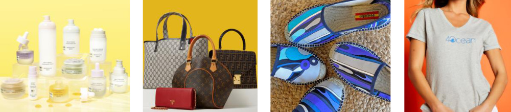 Beekman 1802 skincare line, What Goes Around Comes Around selection of vintage luxury handbags, Respoke footwear made of designers' vintage scarves and 4Ocean merchandise.