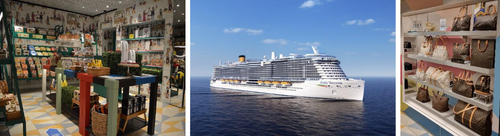(Left to Right) Destination shop; Costa Toscana ship and What Goes Around Comes Around display of Louis Vuitton handbags.